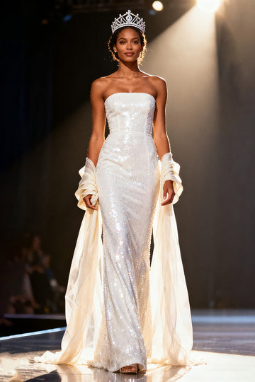 Sparkly White Sequin Mermaid Strapless Long Pageant Dress with Shawl